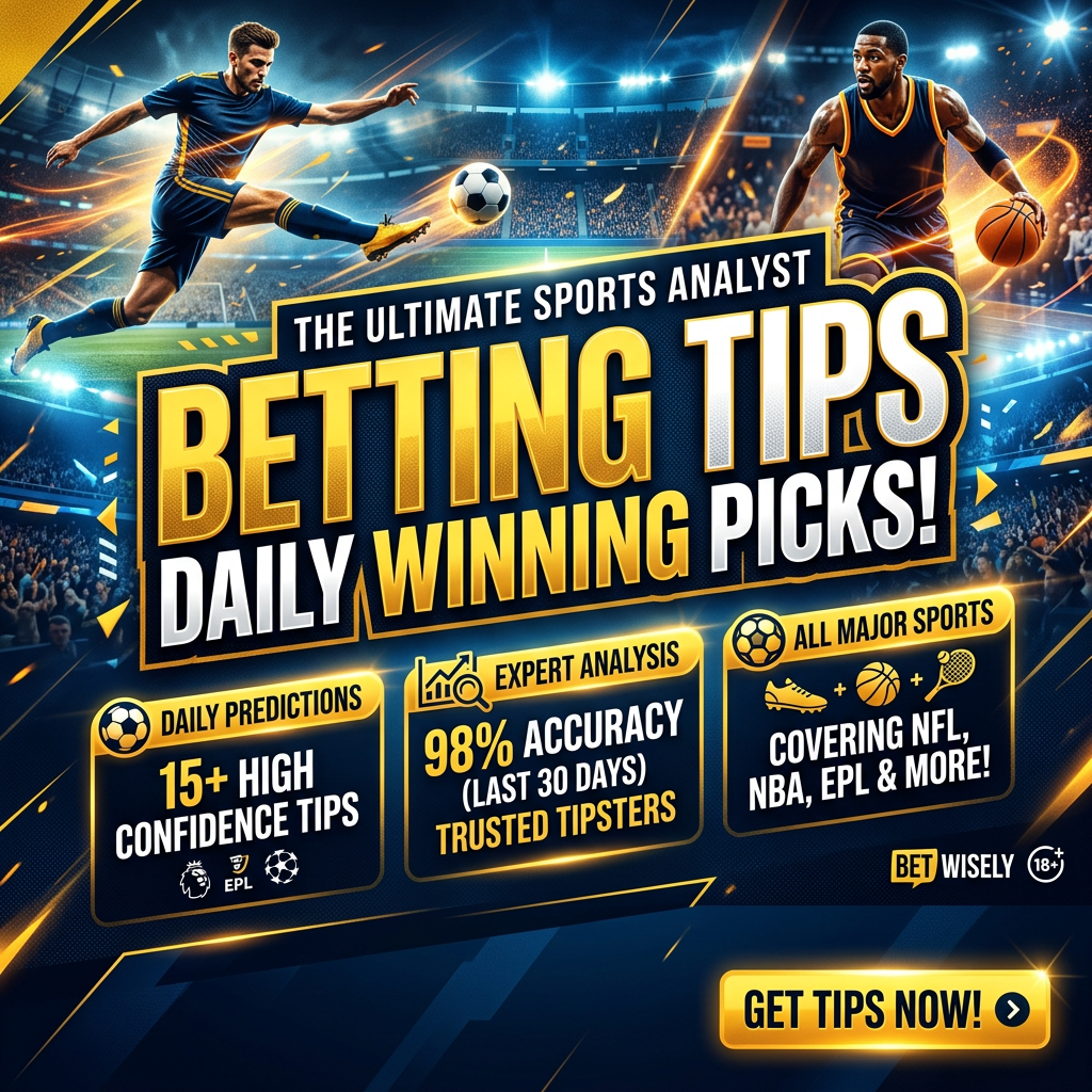 Advertisement for sports betting tips with expert analysis, daily predictions, and coverage of NFL, NBA, EPL and more