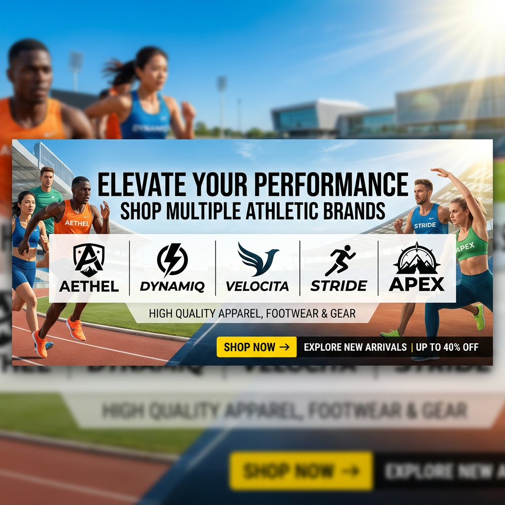 Sports product banner with multiple generic athletic brands