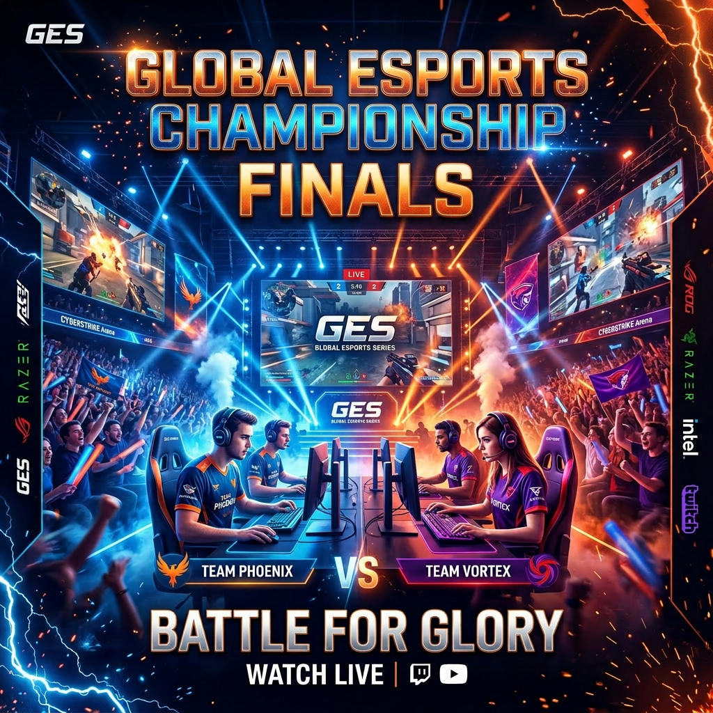 Two esports teams, Team Phoenix and Team Vortex, compete on computers in a large arena with cheering crowds and big screens showing gameplay