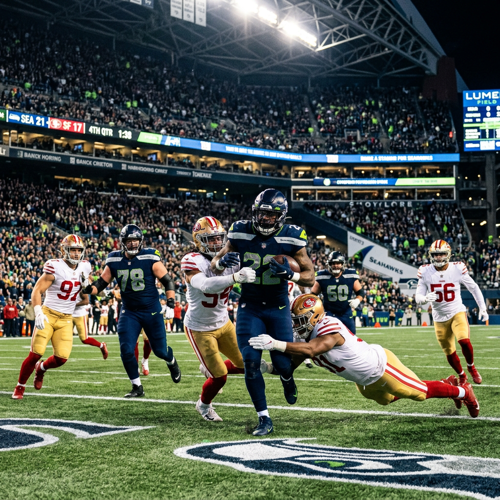 Seahawks player running with football while 49ers defenders attempt to tackle him near end zone